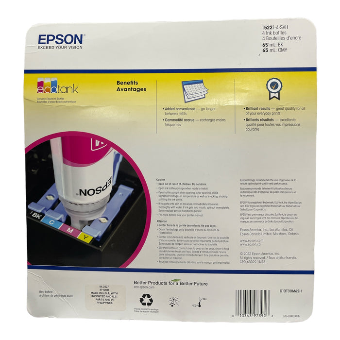 Epson 522 65mL Ink Bottles for Ecotank, 4 Count Value Pack - BMCU