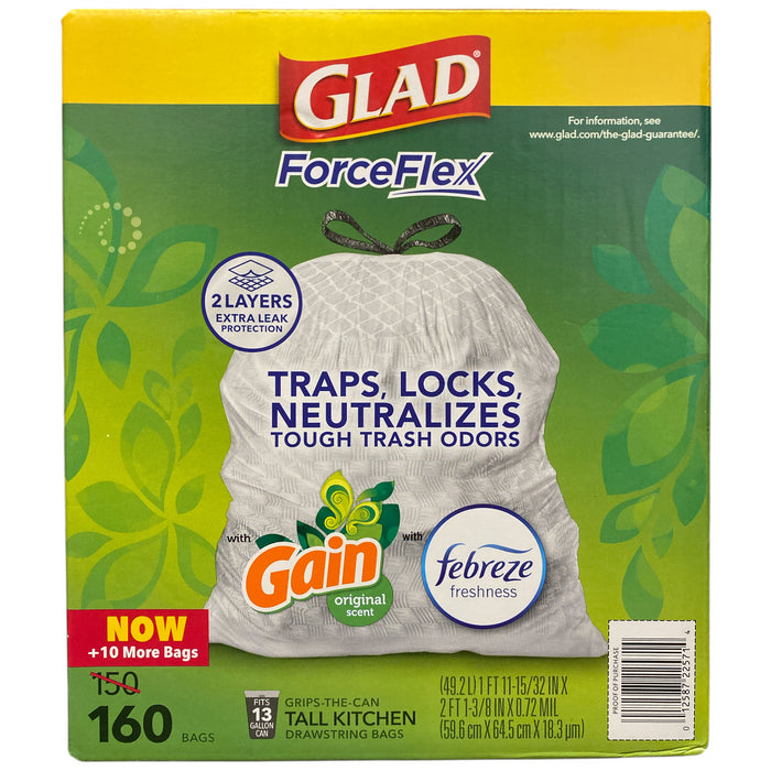 Glad ForceFlex 13-Gal Kitchen Trash Bags, Gain Original Scent + Febreze, 160ct