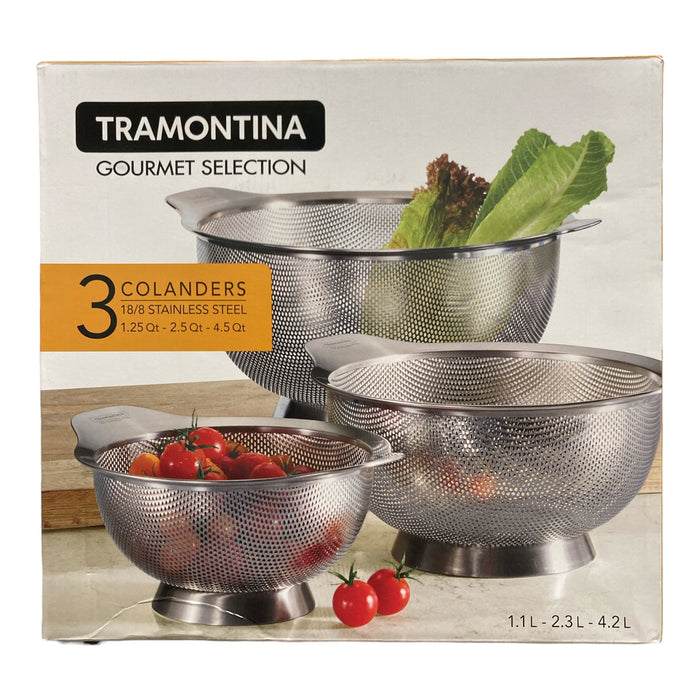 Tramontina Gourmet Selection Stainless Colander Set, 3pc, 1.25Qt, 2.5Qt, 4.5Qt