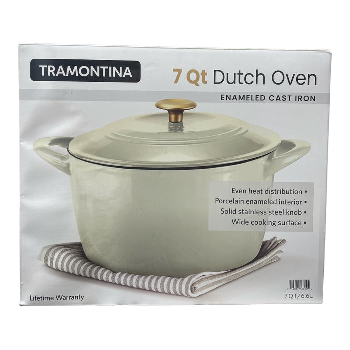 Tramontina 7 Quart Enameled Cast Iron Round Dutch Oven, Latte/Gold Knob