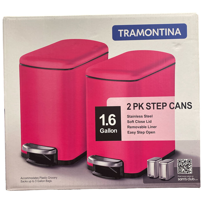 Tramontina 2 Pack Stainless Steel Soft Close 1.6 Gallon Step Trash Cans, Pink