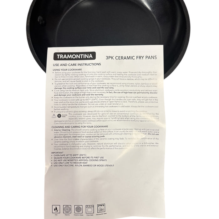 Tramontina 3-Pack Fry Pans, 8" 10" and 12", Cold-Forged, Ceramic Interior, Black