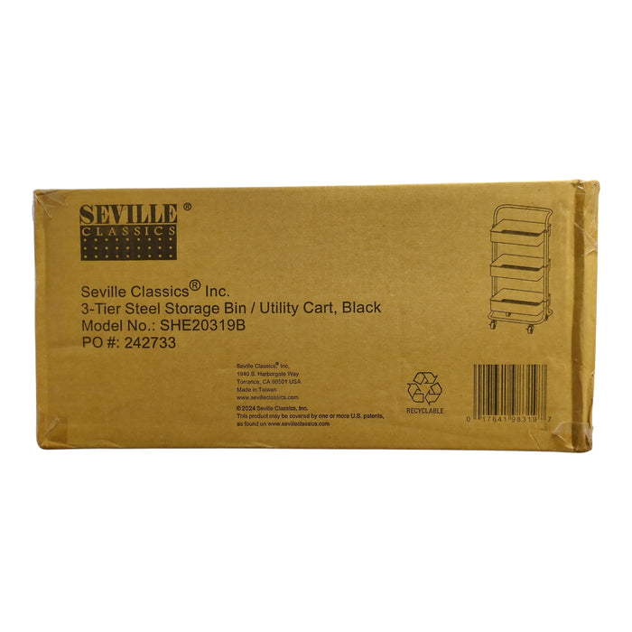 Seville Classics 3-Tier Rolling Steel Storage Bin Utility Cart, Black, SHE20319B