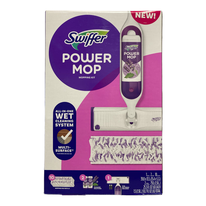 Swiffer PowerMop Multi-Surface Mopping Kit, 10 Pads, 2 Solutions, Lavender