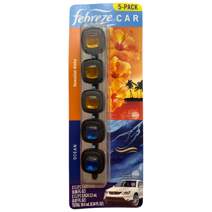 Febreze Car Ocean & Hawaiian Aloha Scented Air Freshener with Vent Clip, 5pk