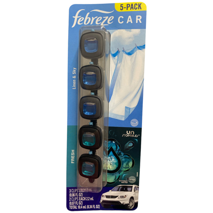 Febreze Car Fresh/Linen & Sky Scented Air Freshener with Vent Clip, 5pk