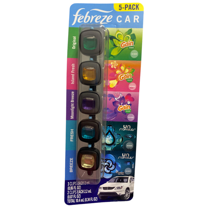 Febreze Car Gain & Unstopables Air Freshener with Vent Clip, Variety Pack, 5pk