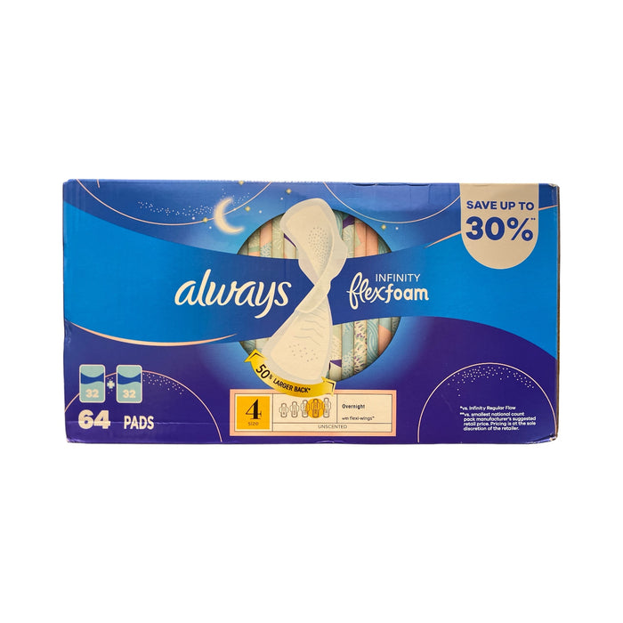 Always Infinity FlexFoam Overnight Pads with Wings, Unscented, Size 4, 64ct