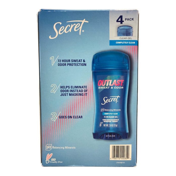 Secret Outlast Clear Gel Deodorant, Completely Clean, 2.6oz, 4pk