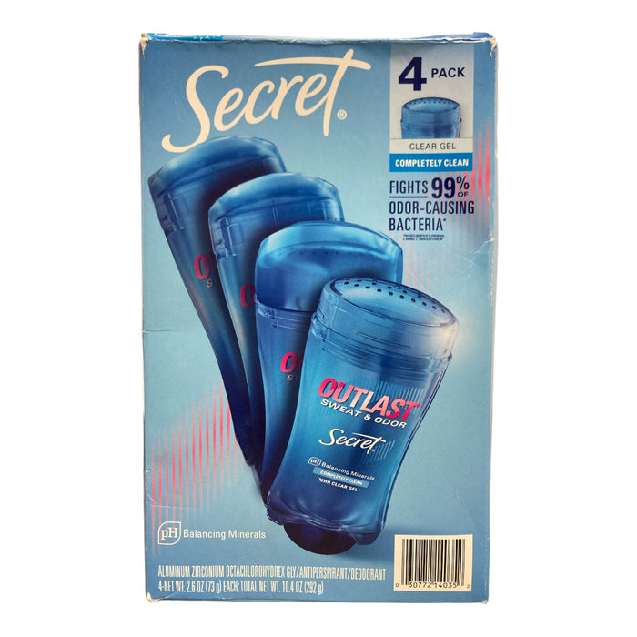 Secret Outlast Clear Gel Deodorant, Completely Clean, 2.6oz, 4pk