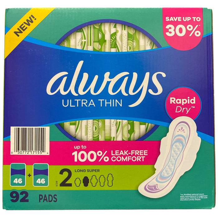 Always Ultra Thin Long Super Pads with Flexi-Wings, Unscented, Size 2, 92 ct