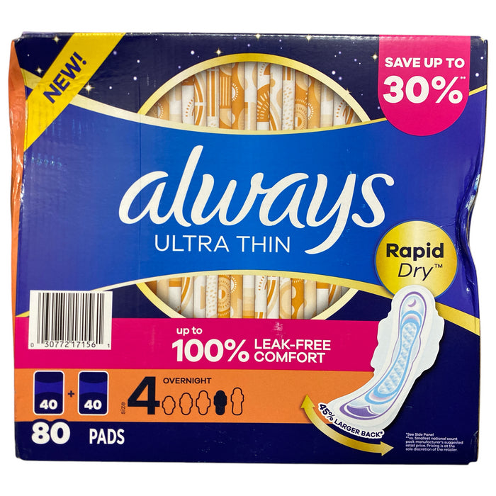 Always Ultra Thin Overnight Pads with Flexi-Wings, Unscented, Size 4, 80ct