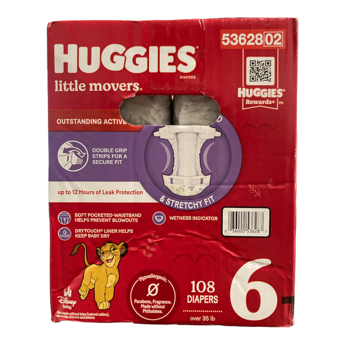 Huggies Little Movers Diapers, Size 6 (35+lbs), 108ct