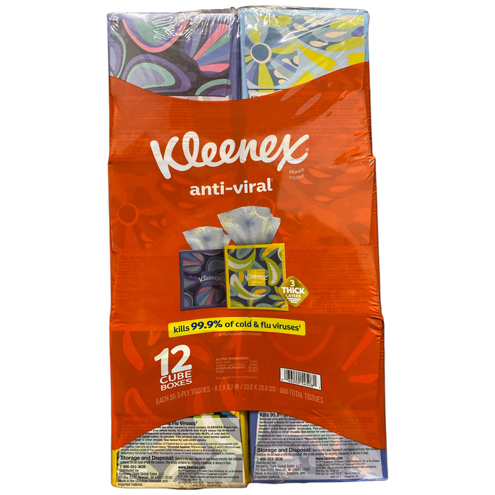 Kleenex Anti-Viral 3-Ply Facial Tissues 12 cube boxes, 55 tissues/box