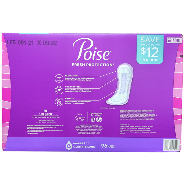 Poise Incontinence Pads, 6 Drop Ultimate Absorbency, 96 ct