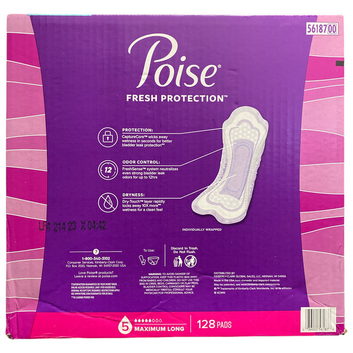 Poise Postpartum Incontinence Pads, Long, Max Absorbency, 128 ct