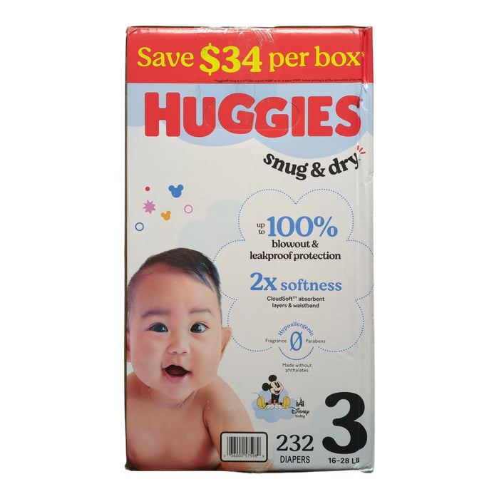 Huggies Snug & Dry Baby Diapers, Size 3 (16-28lbs), 232ct
