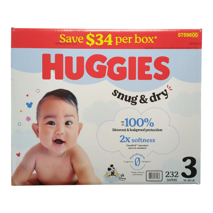 Huggies Snug & Dry Baby Diapers, Size 3 (16-28lbs), 232ct