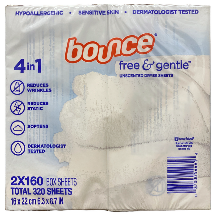 Bounce Free & Gentle Dryer Sheets, Unscented, 320 ct