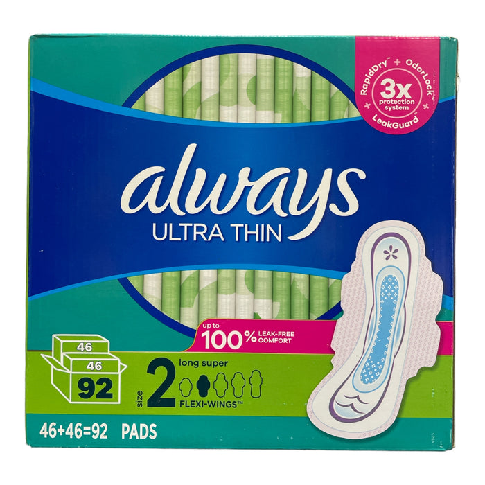 Always Ultra Thin Leak Free-Long Super Pads with Flexi-Wings, Size 2, 92 Count