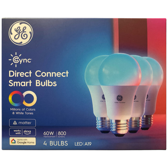 GE Cync LED 9W Smart Home Direct Connect Full Color A19 Smart Bulbs, 4pk