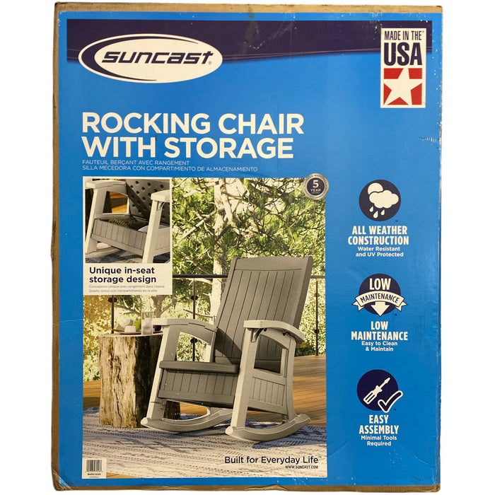 Suncast Lightweight & Durable Resin Rocking Chair, 7 Gallon Storage, Grey/White