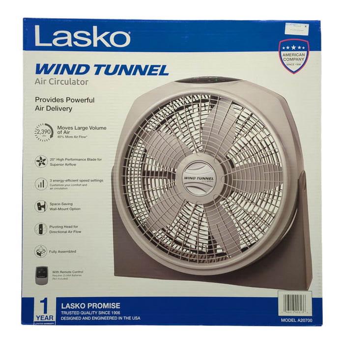 Lasko 20" Wind Tunnel 3-Speed Fan with Remote, A20700, Gray