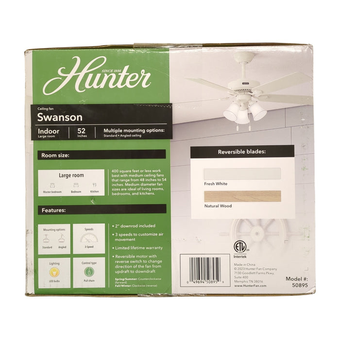 Hunter Swanson 52" Ceiling Fan with LED Light Kit and Pull Chain, White