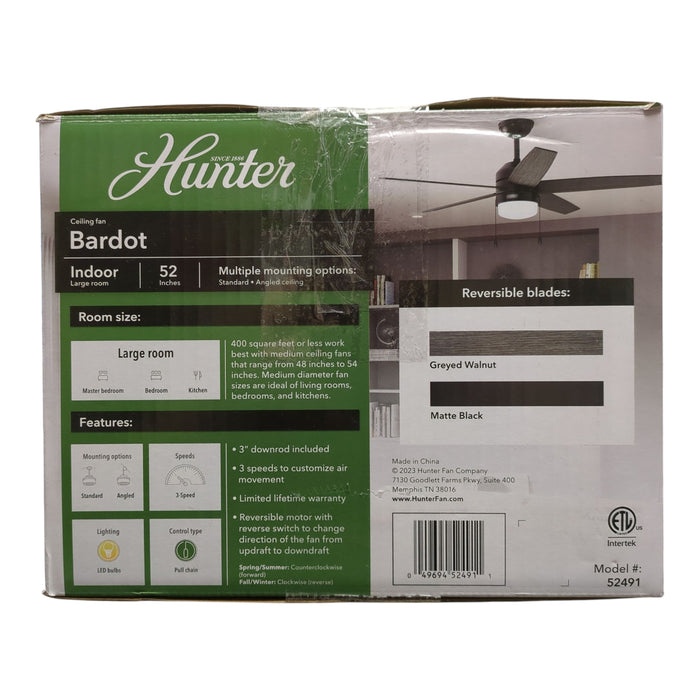 Hunter Bardot Ceiling Fan with LED Light Kit and Pull Chain, Black