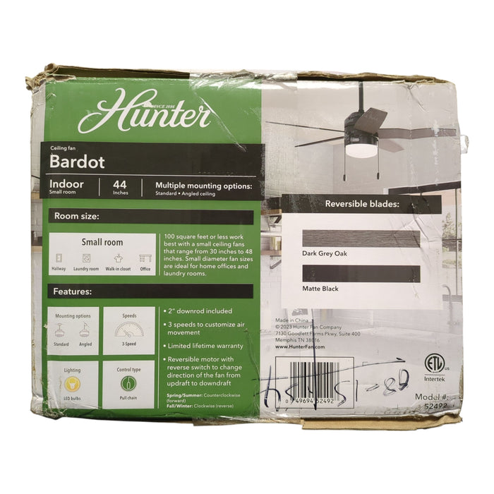 Hunter Bardot Ceiling Fan with LED Light Kit and Pull Chain, 44", Black