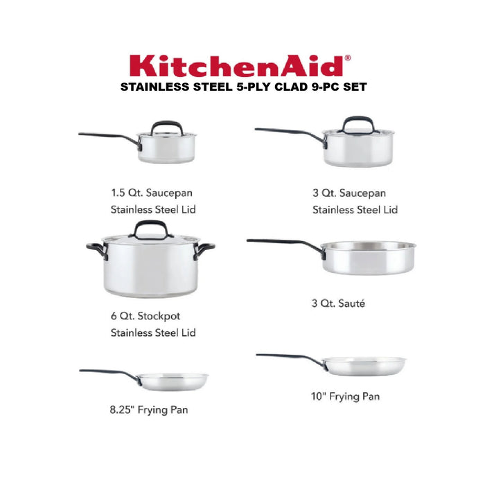 KitchenAid 5-Ply Clad Polished Stainless Steel Cookware Set, 9 Piece