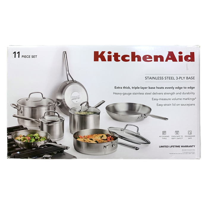 KitchenAid 3-Ply Base Stainless Steel 11-Piece Cookware Set, Brushed Stainless
