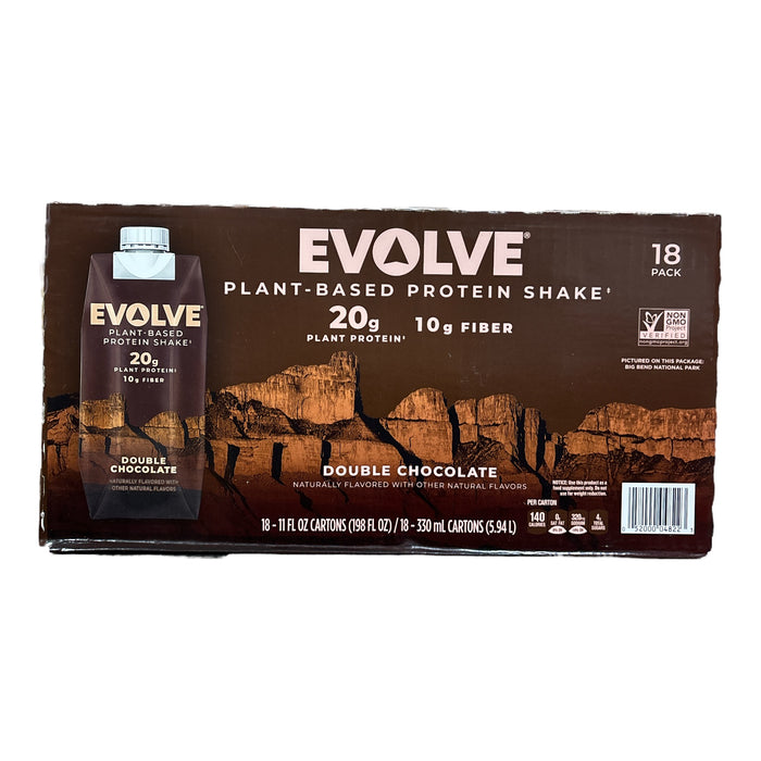 Evolve Plant Based 20g Protein Shake, 10g Fiber, Double Chocolate, 11oz, 18 Pack