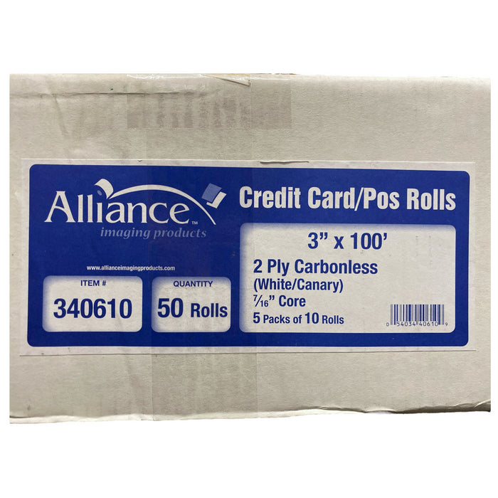 Alliance 2-Ply Carbonless Receipt Rolls, 3"x100', White/Canary, 50 Rolls