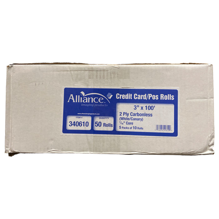 Alliance 2-Ply Carbonless Receipt Rolls, 3"x100', White/Canary, 50 Rolls