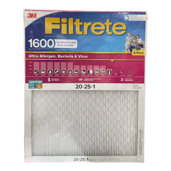 Filtrete Ultra Allergen 2X Filter, 20x25x1, 1600MPR, 4 Pack