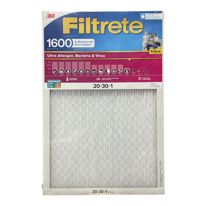 Filtrete Ultra Allergen 2X Bacteria and Virus Filter, 20x30x1, 1600 MPR, 4 Pack