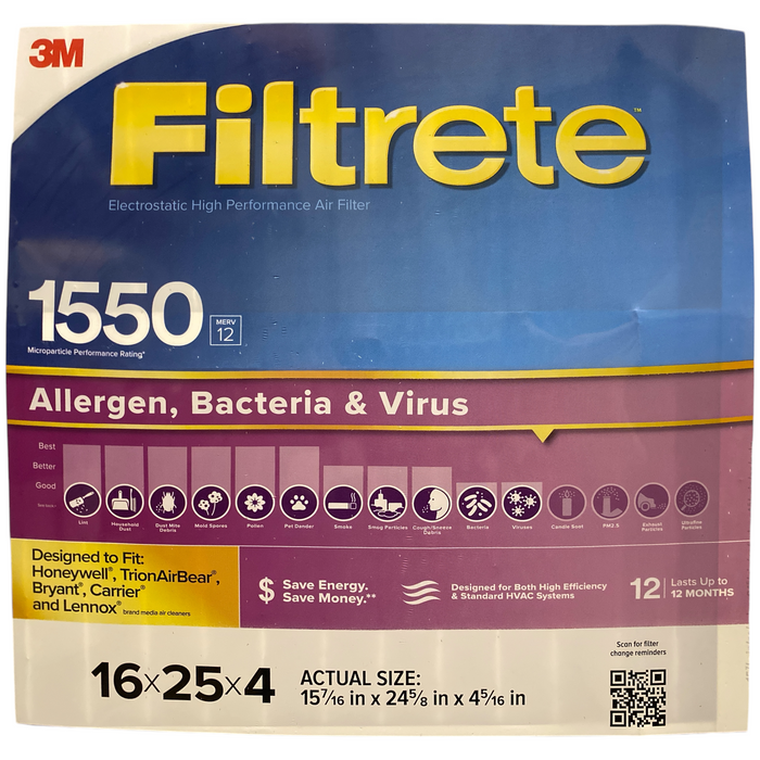 Filtrete Allergen Reduction Filter, 1500 MPR, MERV 12, 16"x25"x4", 2 Pack