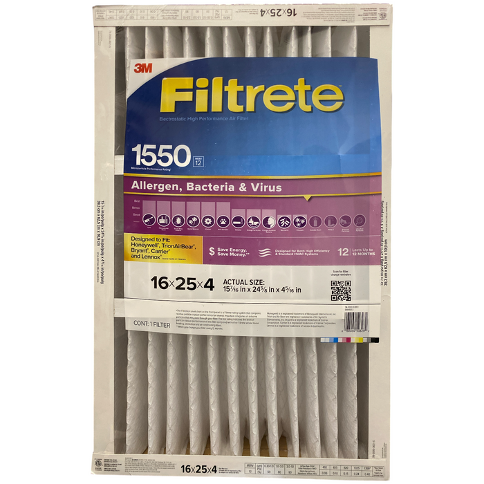 Filtrete Allergen Reduction Filter, 1500 MPR, MERV 12, 16"x25"x4", 2 Pack