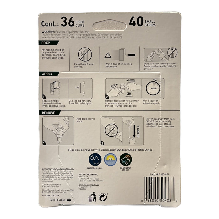 3M Command Damage Free Indoor/Outdoor Clear Light Clips, 36 Clips, 40 Strips