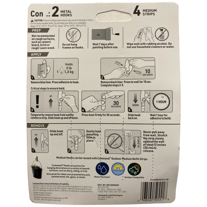 3M Command Indoor/Outdoor Brushed Nickel Medium Metal Hooks, 2pk