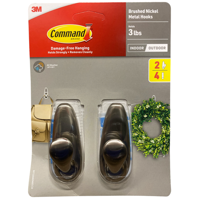 3M Command Indoor/Outdoor Brushed Nickel Medium Metal Hooks, 2pk
