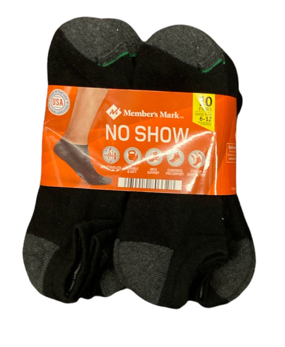 Member's Mark Men's No Show Cushioned Breathable Cotton Socks, 10 Pair