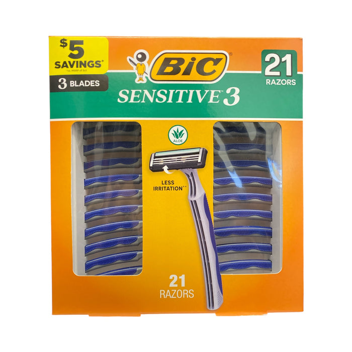 BIC Sensitive 3 Triple Bladed Disposable Razors for Men, 21ct