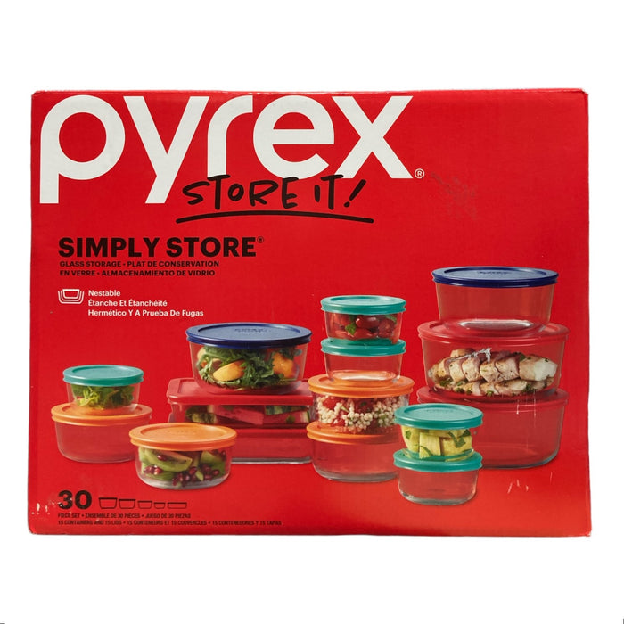 Pyrex Simply Store Glass Food Storage Containers with Lids, 30-Piece Set