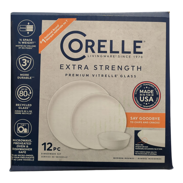 Corelle 12-Piece Modern Round Extra Strength Dinnerware Set, White