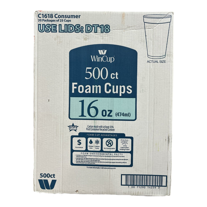 WinCup 500 Count Hot & Cold Beverage Styrofoam Cups, 16oz, C1618