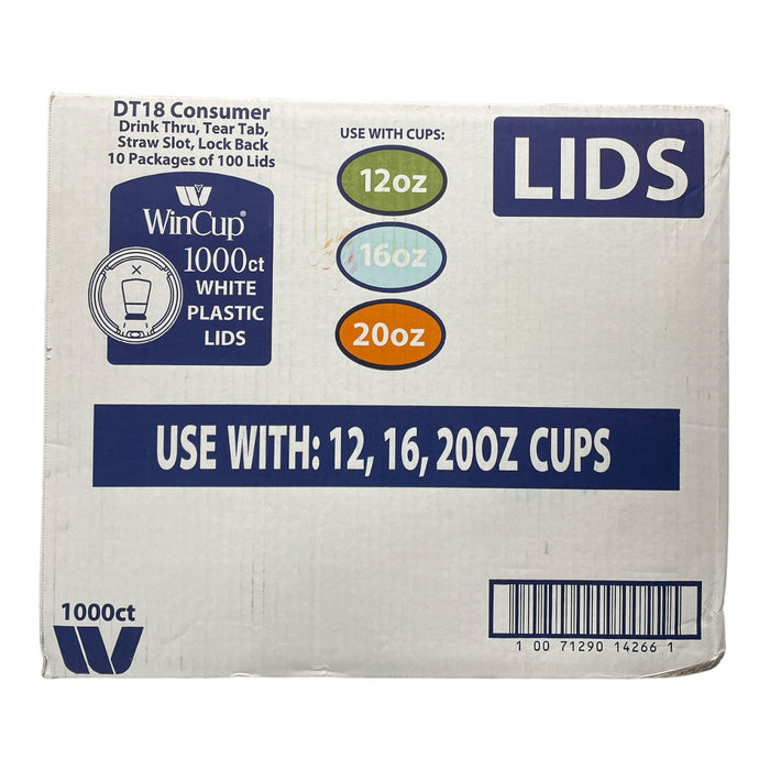 Wincup 1000 Count White Plastic Lids w/ Straw Slot, For 12, 16 & 20oz Cups
