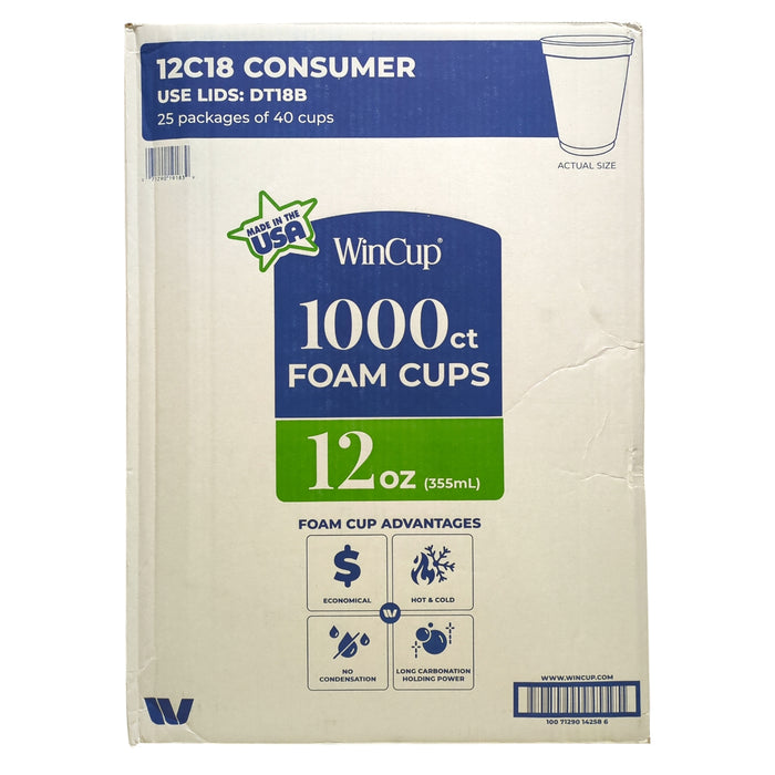 Wincup Foam Cold and Hot Cup, 12 oz, 25 Sleeves of 40, 1000ct