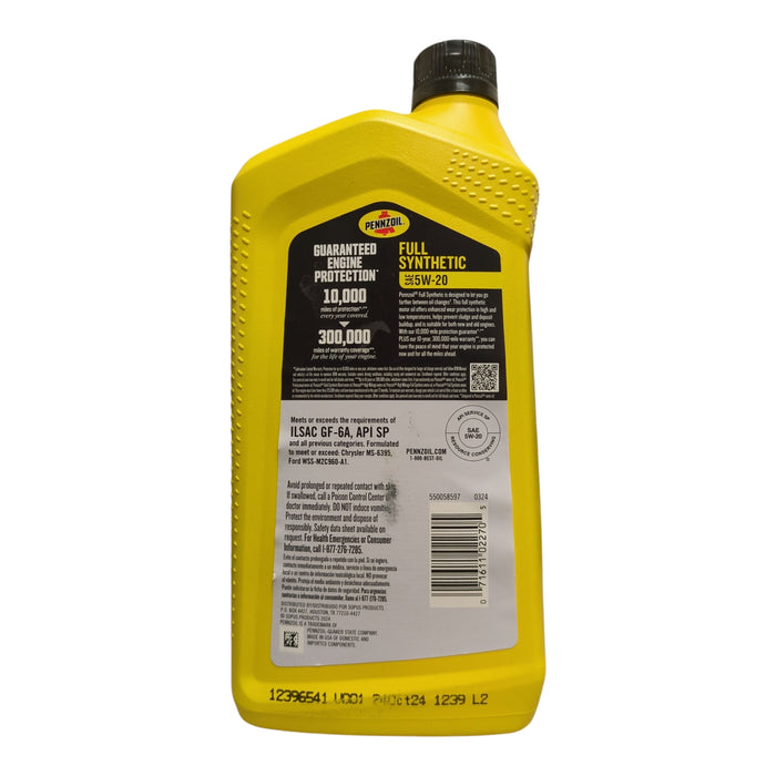 Pennzoil Full Synthetic 5W-20 Gasoline Motor Oil 6 Pack/ 1 Quart Bottles